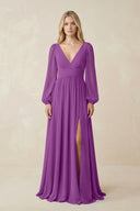 V-Neck Long Sleeve A-Line Chiffon Bridesmaid Dress in Amethyst - KissProm BRIDESMAID DRESSES