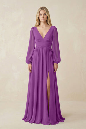 V-Neck Long Sleeve A-Line Chiffon Bridesmaid Dress in Amethyst - KissProm BRIDESMAID DRESSES