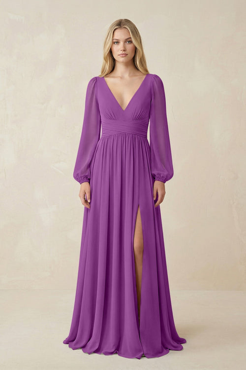 V-Neck Long Sleeve A-Line Chiffon Bridesmaid Dress in Amethyst - KissProm BRIDESMAID DRESSES