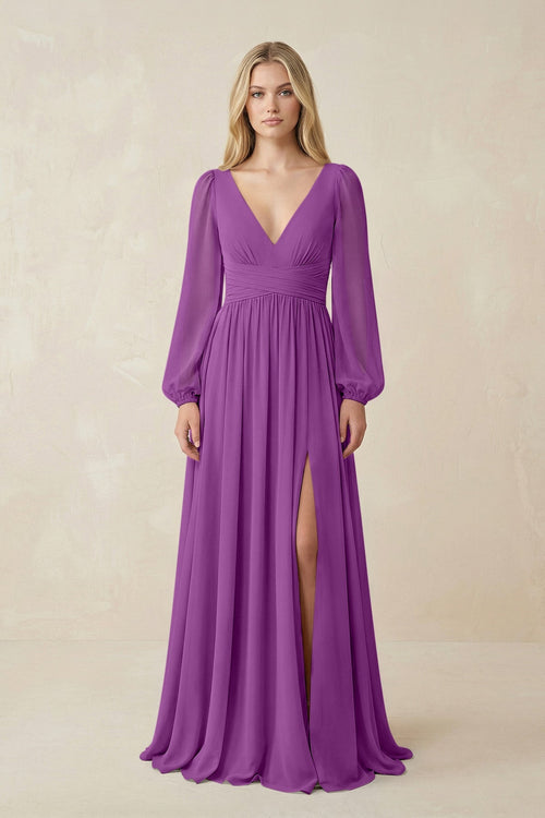 V-Neck Long Sleeve A-Line Chiffon Bridesmaid Dress in Amethyst - KissProm BRIDESMAID DRESSES