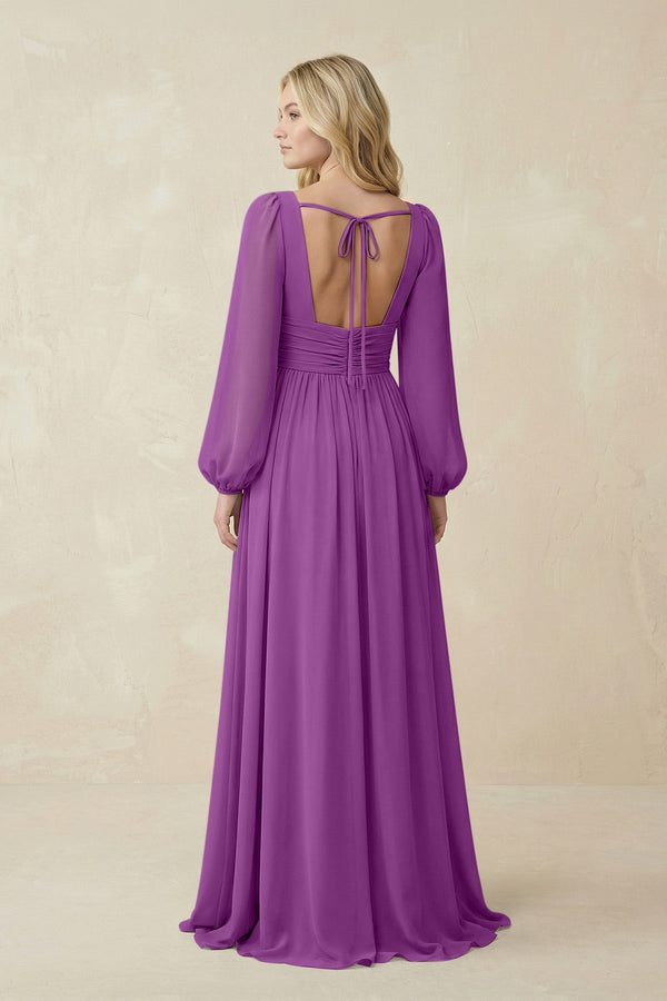 V-Neck Long Sleeve A-Line Chiffon Bridesmaid Dress in Amethyst - KissProm BRIDESMAID DRESSES