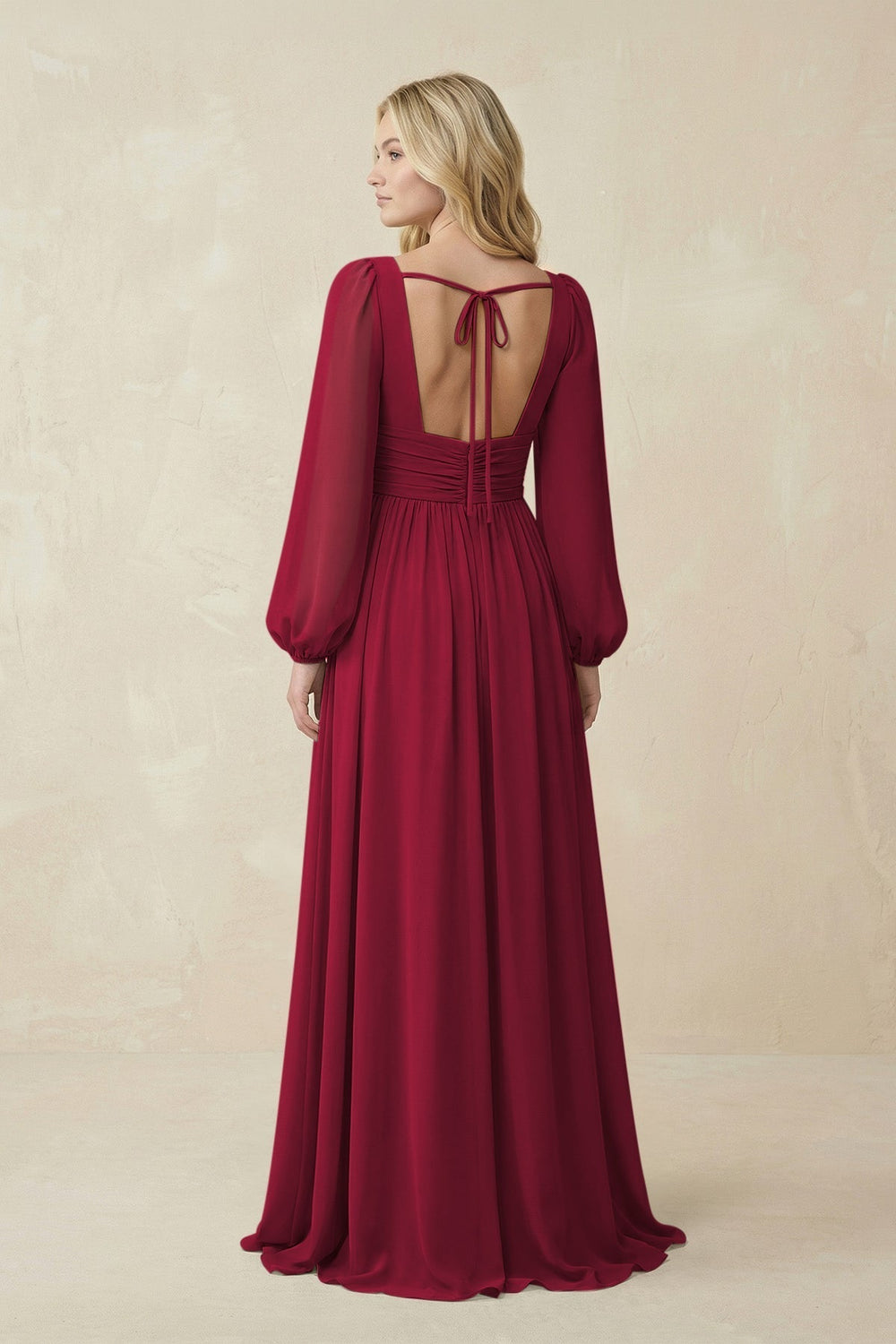 V-Neck Long Sleeve A-Line Chiffon Bridesmaid Dress in Berry - KissProm BRIDESMAID DRESSES