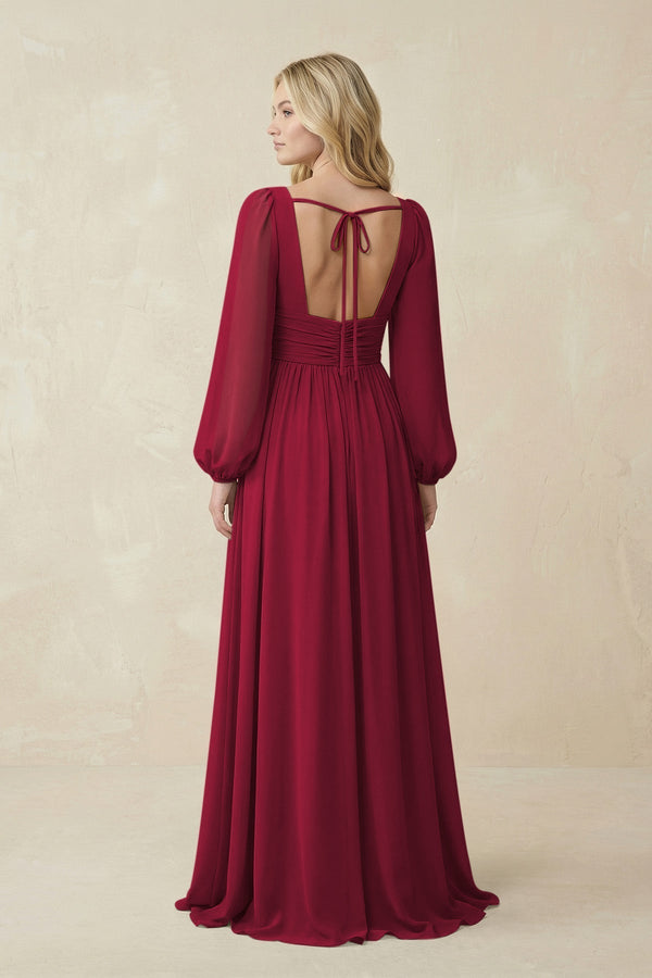 V-Neck Long Sleeve A-Line Chiffon Bridesmaid Dress in Berry - KissProm BRIDESMAID DRESSES