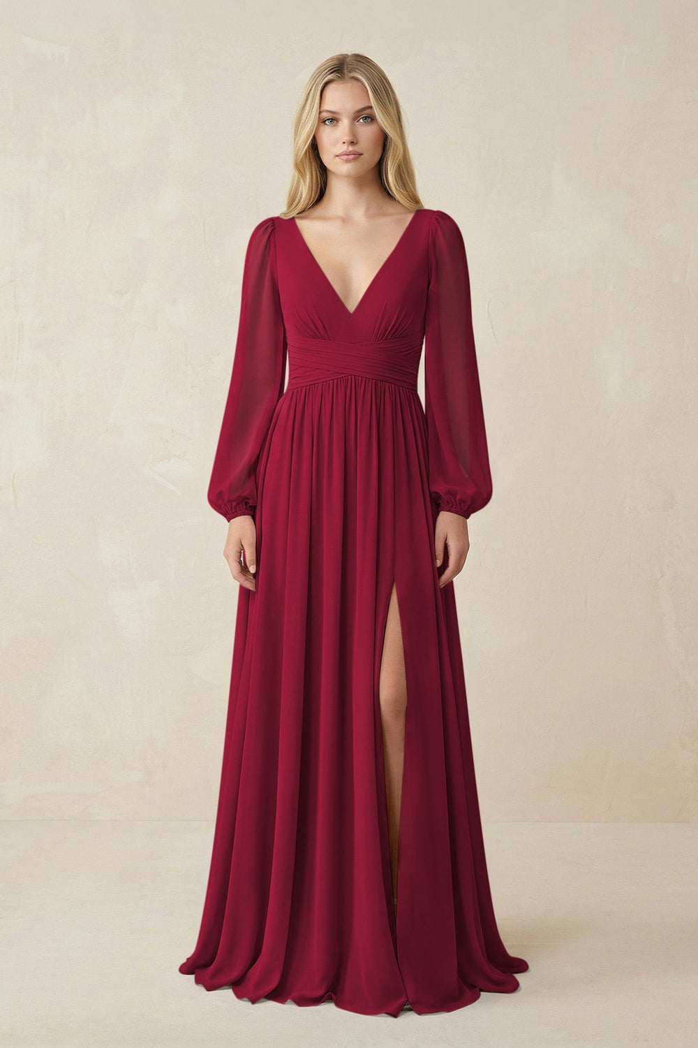 V-Neck Long Sleeve A-Line Chiffon Bridesmaid Dress in Berry - KissProm BRIDESMAID DRESSES
