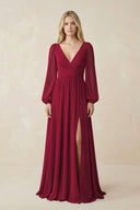 V-Neck Long Sleeve A-Line Chiffon Bridesmaid Dress in Berry - KissProm BRIDESMAID DRESSES