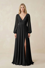 V-Neck Long Sleeve A-Line Chiffon Bridesmaid Dress in Black - KissProm BRIDESMAID DRESSES