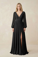 V-Neck Long Sleeve A-Line Chiffon Bridesmaid Dress in Black - KissProm BRIDESMAID DRESSES