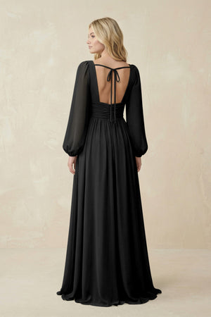 V-Neck Long Sleeve A-Line Chiffon Bridesmaid Dress in Black - KissProm BRIDESMAID DRESSES