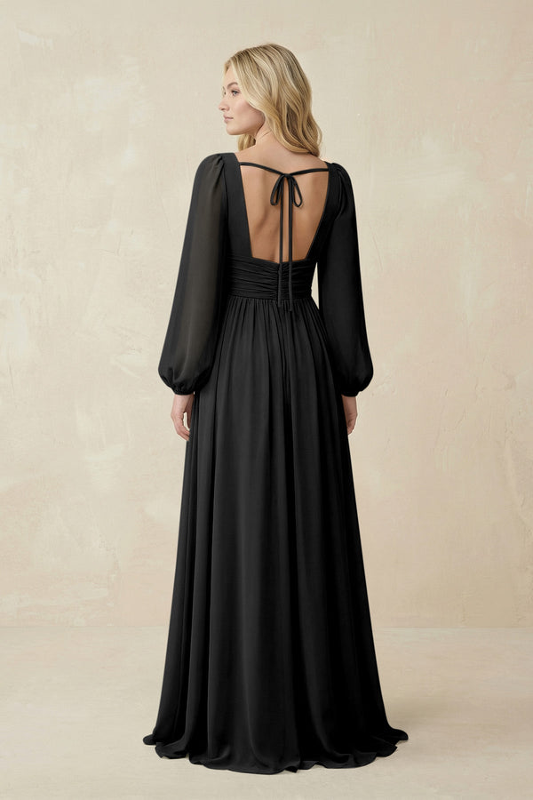 V-Neck Long Sleeve A-Line Chiffon Bridesmaid Dress in Black - KissProm BRIDESMAID DRESSES