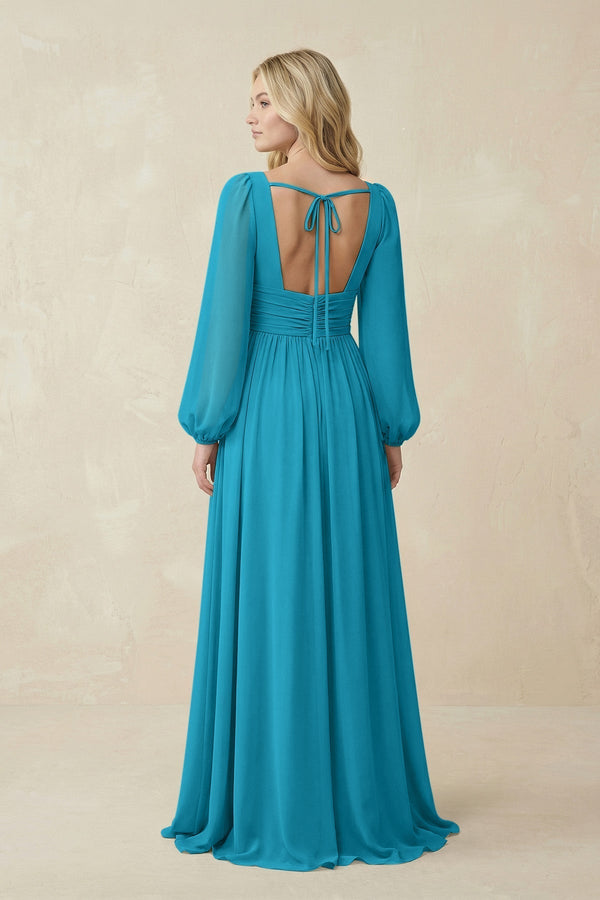 V-Neck Long Sleeve A-Line Chiffon Bridesmaid Dress in Blue Jay - KissProm BRIDESMAID DRESSES