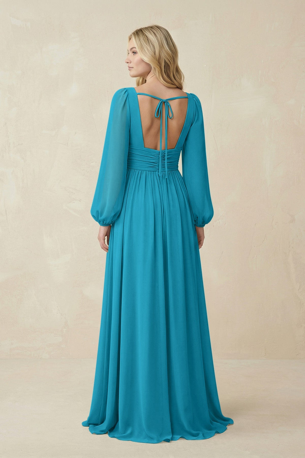 V-Neck Long Sleeve A-Line Chiffon Bridesmaid Dress in Blue Jay - KissProm BRIDESMAID DRESSES