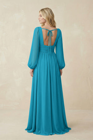V-Neck Long Sleeve A-Line Chiffon Bridesmaid Dress in Blue Jay - KissProm BRIDESMAID DRESSES