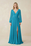 V-Neck Long Sleeve A-Line Chiffon Bridesmaid Dress in Blue Jay - KissProm BRIDESMAID DRESSES