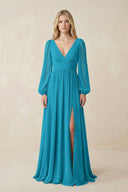 V-Neck Long Sleeve A-Line Chiffon Bridesmaid Dress in Blue Jay - KissProm BRIDESMAID DRESSES