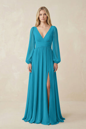 V-Neck Long Sleeve A-Line Chiffon Bridesmaid Dress in Blue Jay - KissProm BRIDESMAID DRESSES