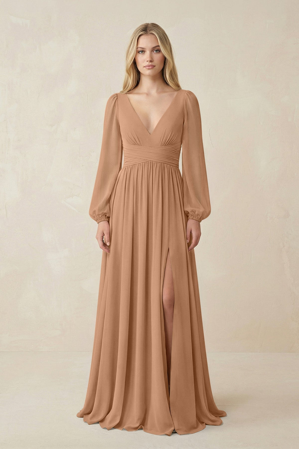 V-Neck Long Sleeve A-Line Chiffon Bridesmaid Dress in Bronzer - KissProm BRIDESMAID DRESSES