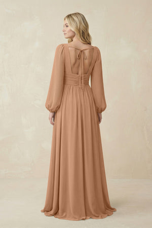 V-Neck Long Sleeve A-Line Chiffon Bridesmaid Dress in Bronzer - KissProm BRIDESMAID DRESSES