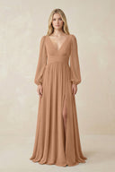 V-Neck Long Sleeve A-Line Chiffon Bridesmaid Dress in Bronzer - KissProm BRIDESMAID DRESSES