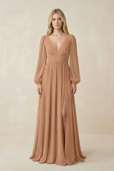 V-Neck Long Sleeve A-Line Chiffon Bridesmaid Dress in Bronzer - KissProm BRIDESMAID DRESSES