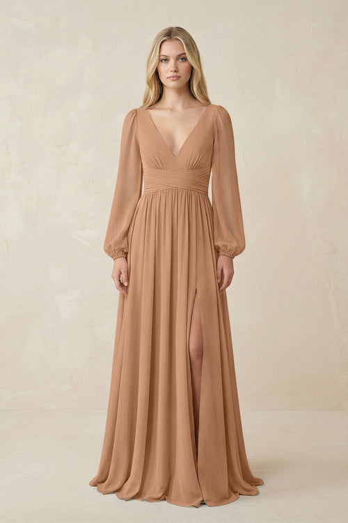 V-Neck Long Sleeve A-Line Chiffon Bridesmaid Dress in Bronzer - KissProm BRIDESMAID DRESSES