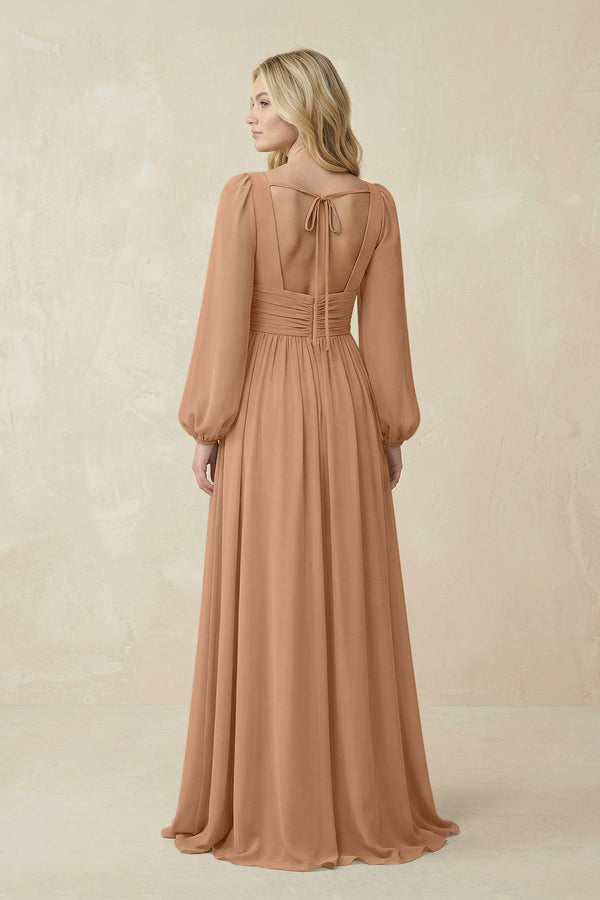 V-Neck Long Sleeve A-Line Chiffon Bridesmaid Dress in Bronzer - KissProm BRIDESMAID DRESSES