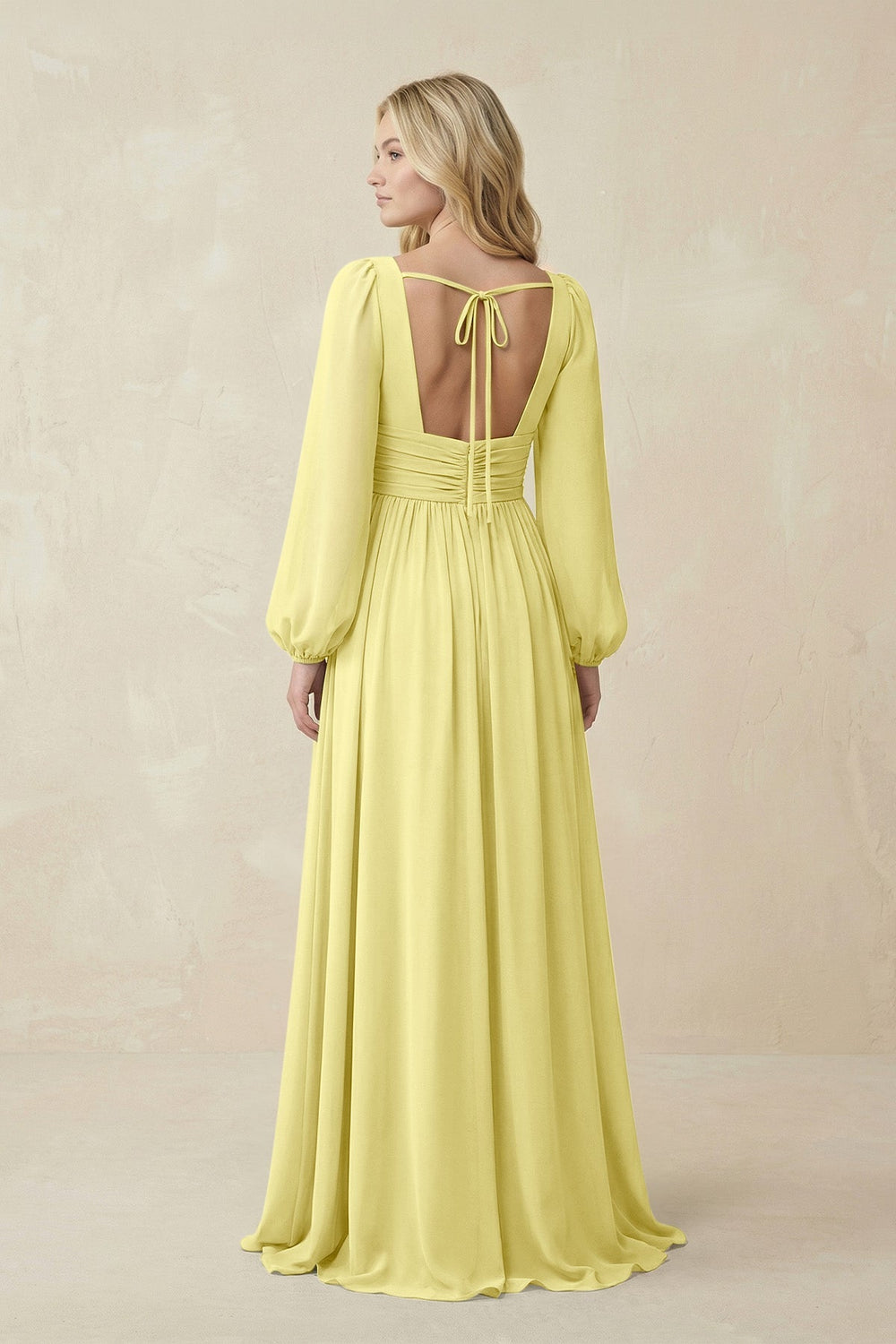 V-Neck Long Sleeve A-Line Chiffon Bridesmaid Dress in Buttercup - KissProm BRIDESMAID DRESSES