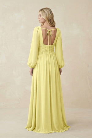 V-Neck Long Sleeve A-Line Chiffon Bridesmaid Dress in Buttercup - KissProm BRIDESMAID DRESSES