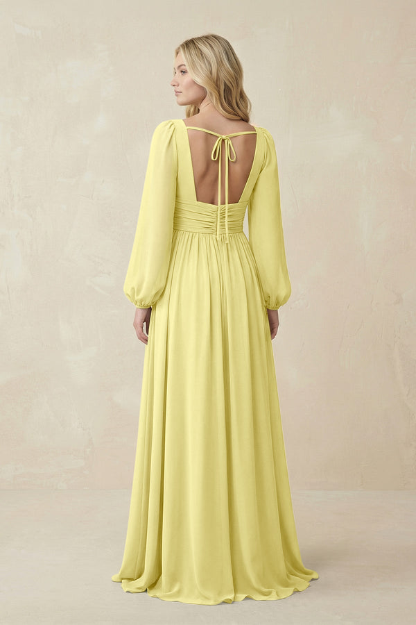 V-Neck Long Sleeve A-Line Chiffon Bridesmaid Dress in Buttercup - KissProm BRIDESMAID DRESSES