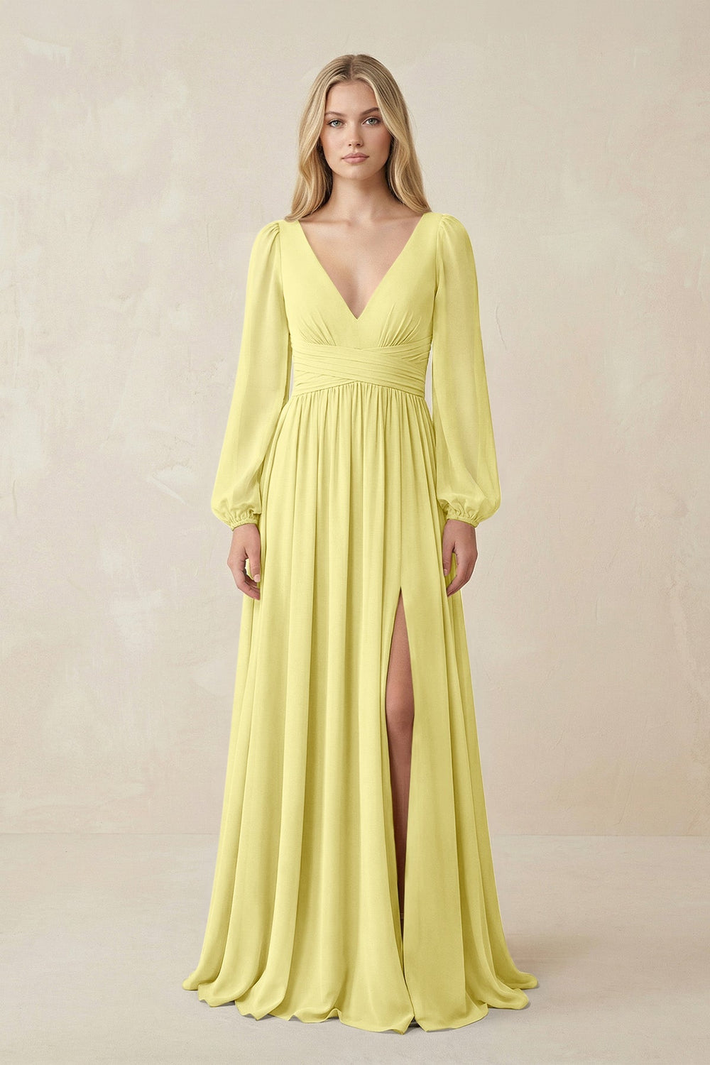 V-Neck Long Sleeve A-Line Chiffon Bridesmaid Dress in Buttercup - KissProm BRIDESMAID DRESSES