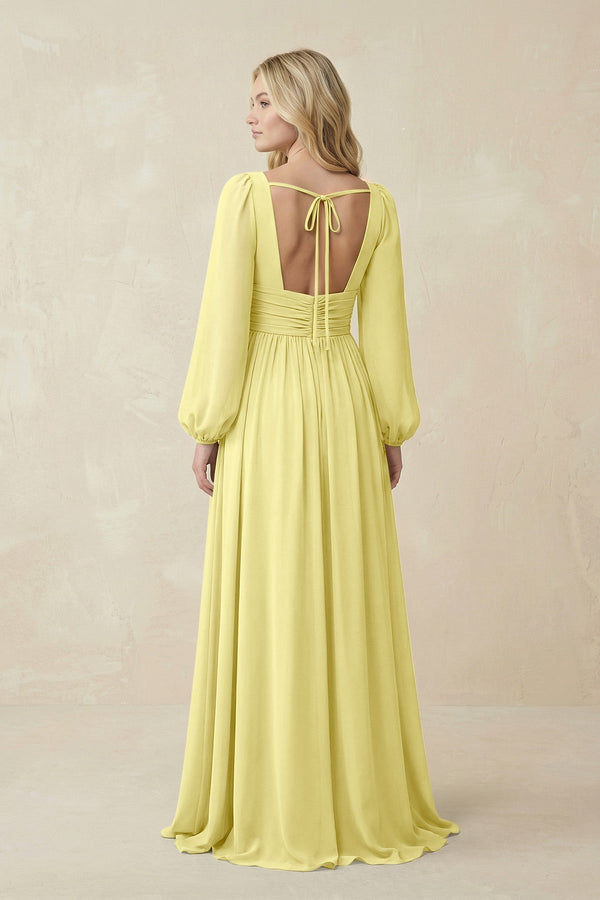 V-Neck Long Sleeve A-Line Chiffon Bridesmaid Dress in Buttercup - KissProm BRIDESMAID DRESSES