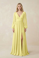 V-Neck Long Sleeve A-Line Chiffon Bridesmaid Dress in Buttercup - KissProm BRIDESMAID DRESSES