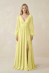 V-Neck Long Sleeve A-Line Chiffon Bridesmaid Dress in Buttercup - KissProm BRIDESMAID DRESSES