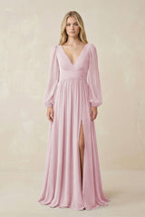 V-Neck Long Sleeve A-Line Chiffon Bridesmaid Dress in Candy Pink - KissProm BRIDESMAID DRESSES