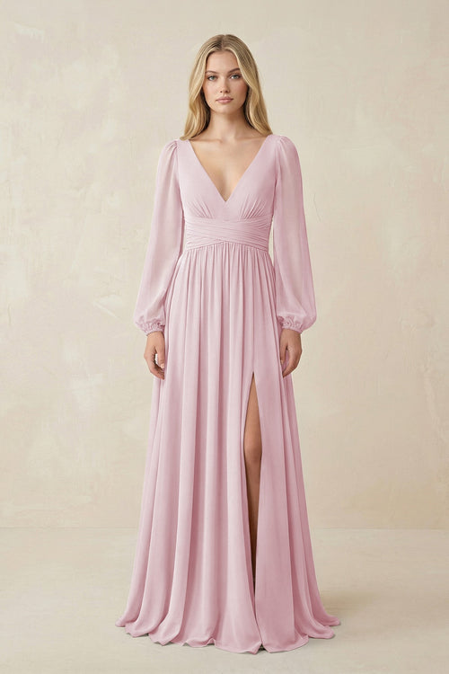 V-Neck Long Sleeve A-Line Chiffon Bridesmaid Dress in Candy Pink - KissProm BRIDESMAID DRESSES