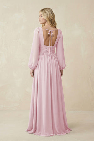 V-Neck Long Sleeve A-Line Chiffon Bridesmaid Dress in Candy Pink - KissProm BRIDESMAID DRESSES