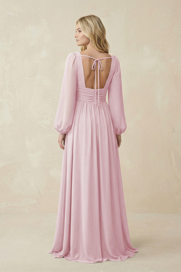 V-Neck Long Sleeve A-Line Chiffon Bridesmaid Dress in Candy Pink - KissProm BRIDESMAID DRESSES