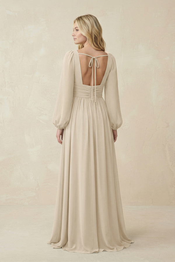 V-Neck Long Sleeve A-Line Chiffon Bridesmaid Dress in Champagne - KissProm BRIDESMAID DRESSES
