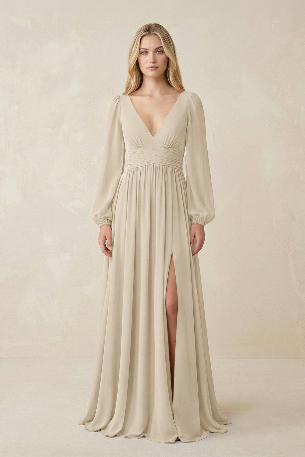 V-Neck Long Sleeve A-Line Chiffon Bridesmaid Dress in Champagne - KissProm BRIDESMAID DRESSES
