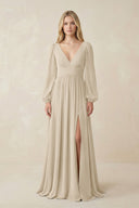 V-Neck Long Sleeve A-Line Chiffon Bridesmaid Dress in Champagne - KissProm BRIDESMAID DRESSES