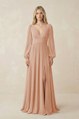V-Neck Long Sleeve A-Line Chiffon Bridesmaid Dress in Champagne Rose - KissProm BRIDESMAID DRESSES