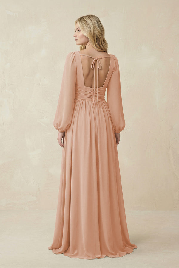 V-Neck Long Sleeve A-Line Chiffon Bridesmaid Dress in Champagne Rose - KissProm BRIDESMAID DRESSES