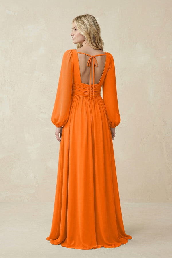 V-Neck Long Sleeve A-Line Chiffon Bridesmaid Dress in Cinnamon - KissProm BRIDESMAID DRESSES