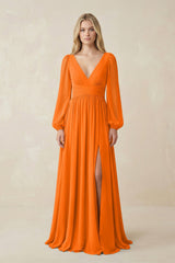 V-Neck Long Sleeve A-Line Chiffon Bridesmaid Dress in Cinnamon - KissProm BRIDESMAID DRESSES