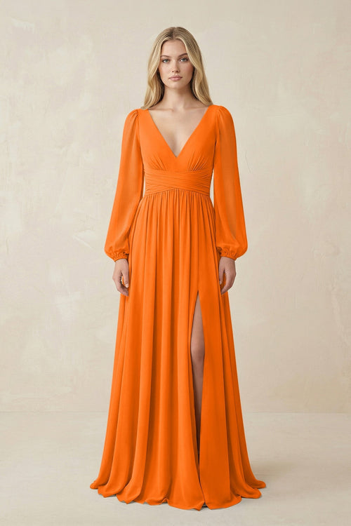 V-Neck Long Sleeve A-Line Chiffon Bridesmaid Dress in Cinnamon - KissProm BRIDESMAID DRESSES