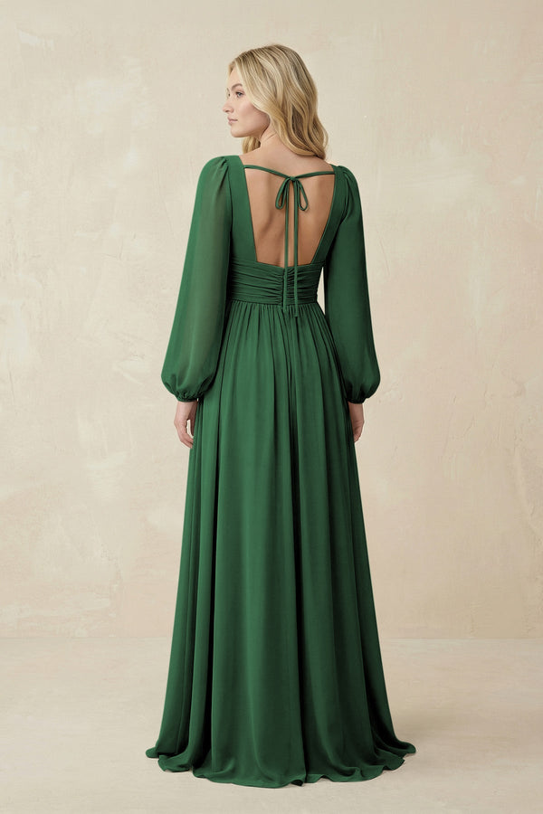 V-Neck Long Sleeve A-Line Chiffon Bridesmaid Dress in Dark Green - KissProm BRIDESMAID DRESSES
