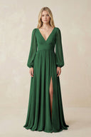 V-Neck Long Sleeve A-Line Chiffon Bridesmaid Dress in Dark Green - KissProm BRIDESMAID DRESSES