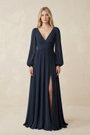 V-Neck Long Sleeve A-Line Chiffon Bridesmaid Dress in Dark Navy - KissProm BRIDESMAID DRESSES