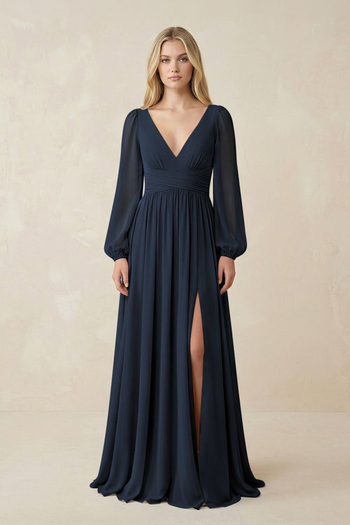 V-Neck Long Sleeve A-Line Chiffon Bridesmaid Dress in Dark Navy - KissProm BRIDESMAID DRESSES