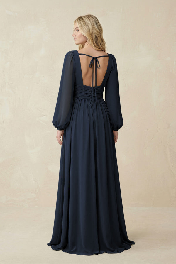 V-Neck Long Sleeve A-Line Chiffon Bridesmaid Dress in Dark Navy - KissProm BRIDESMAID DRESSES
