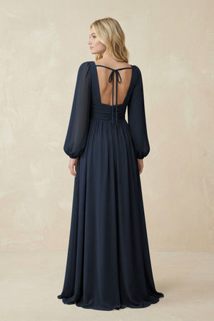 V-Neck Long Sleeve A-Line Chiffon Bridesmaid Dress in Dark Navy - KissProm BRIDESMAID DRESSES